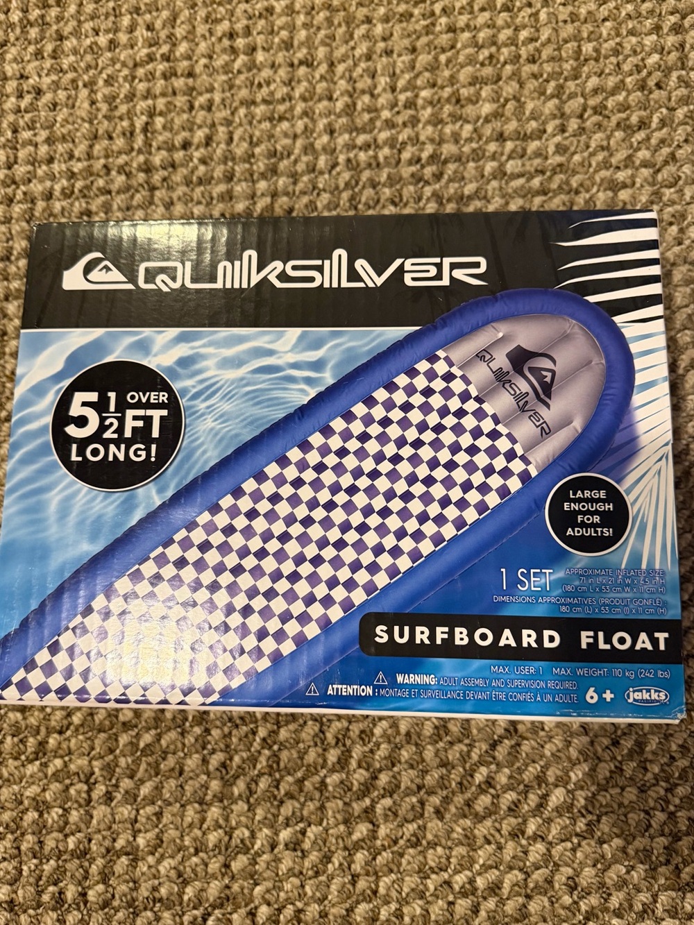 NWT Quiksilver Blue and White Check Inflatable Surfboard Float